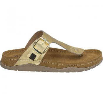 Cómoda Chancla entre dedos mujer Westland Girona-09 en suave piel oro, tiras ajustables con hebilla, plantilla acolchada anatómica, altura tacón bajo (1-3 cm), referencia 2181249810