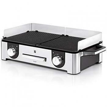 WMF Lono Mastergrill, parilla eléctrica, 2400W, Superficie Antiadherente, regulador temperatura, 2 placas desmontables, acabados de Acero inoxidable cromargan, Color Plateado/Negro