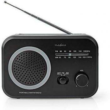 Nedis - Radio FM - Modelo portátil - Am/FM - Funciona con Pilas/alimentación eléctrica - Analógico - 1.8 W - Monitor Blanco y Negro - Salida para Auriculares - Asa de Transporte - Gris/Negro
