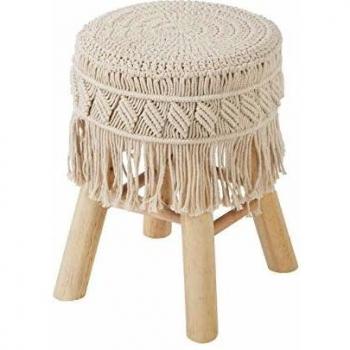Taburete Macramé y Madera Beige - Diseño Moderno