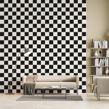 Papel pintado tablero de ajedrez blanco y negro 52x1000 cm - Fabricado en Francia