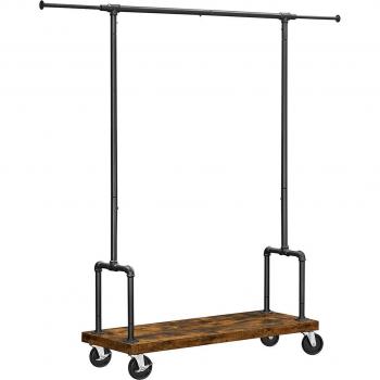 Perchero extensible con barra, estante inferior, portátil, con ruedas, marrón rústico y negro, ideal para ropa y accesorios