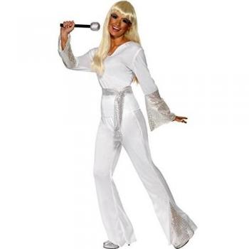 Smiffys-22170L Disfraz de discotequera de los 70, con Top, Pantalones y cinturón, Color Blanco, L-EU Tamaño 44-46