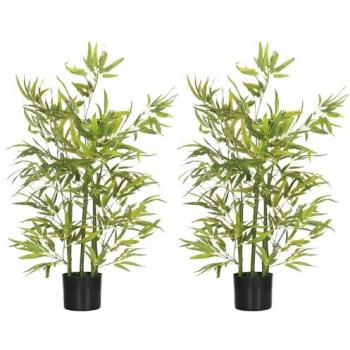Homcom Juego de 2 Plantas Artificiales Bambú Verde 90 cm con Maceta para Decoración del Hogar y Oficina
