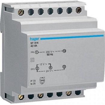Hager ST314 Safety Transformer 230V to 12V/24V, 40VA, Modular Design