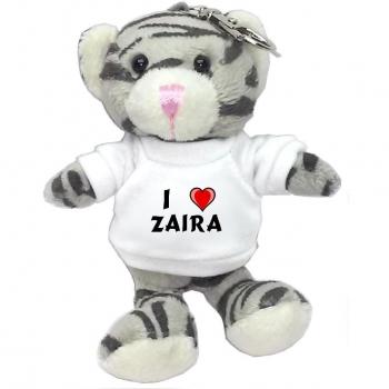 Gato gris de peluche (llavero) con Amo Zaira en la camiseta (nombre de pila/apellido/apodo)