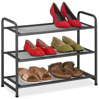 Zapatero Estrecho de Metal y Bambú para 6 Pares de Zapatos, 3 Baldas, 48x60x25 cm, Negro