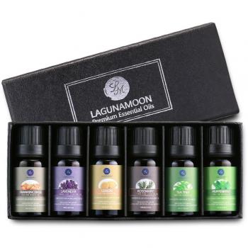 Lagunamoon Aceites Esenciales, Top 6 Set de Regalo de Aceites de Aromaterapia de Lavanda, Limón, Romero, Menta, Arból de Té, Incienso, Aceites Esenciales para Humidificadores, 100% Puros