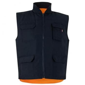 Chaleco Acolchado Reversible de Alta Visibilidad Multibolsillos Velilla 148 - Azul Marino/Naranja Flúor - Talla S