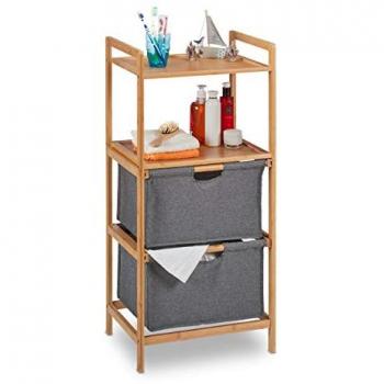 Estantería de Baño con Cestas para Ropa Sucia, 2 Baldas y 2 Cajas de Tela, Mueble de Bambú Natural y Gris, 96x44x34 cm