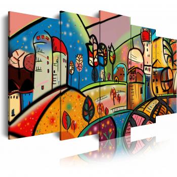 DekoArte 501 - Cuadros Modernos Impresión de Imagen Artística Digitalizada | Lienzo Decorativo para Tu Salón o Dormitorio | Estilo Abstractos Arte Moderno Naif Casas | 5 Piezas 150 x 80 cm