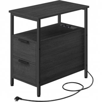 Mesa auxiliar multifuncional con multienchufe, diseño compacto con 2 cajones, ideal como mesita de noche, almacenamiento adicional para salón y dormitorio, disponible en gris ahumado o marrón rústico