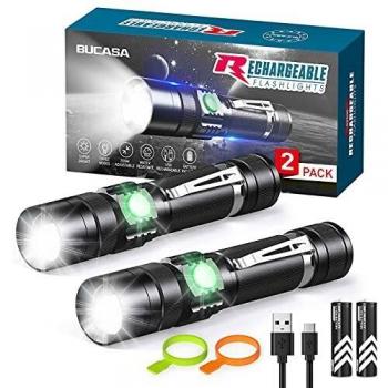 BUCASA Linterna LED Recargable USB, 2 Piezas Aluminio Linternas LED Alta Potencia con Clip y 4 Modos, IP65 Impermeable Zoomable Linterna Tactica para Camping Emergencias Senderismo