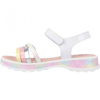 Sandalias Pablosky de charol blanco con tiras multicolor y cierre de velcro, abiertas, de piel, para niña