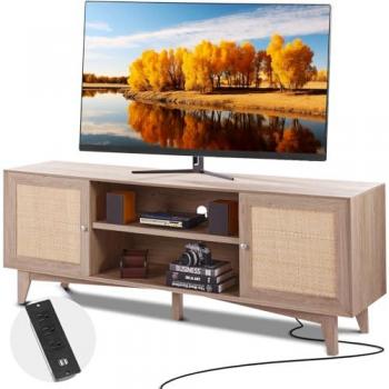Soporte de TV Bohemio de Ratán para pantallas de hasta 75 pulgadas, Mueble de Roble con Puertos USB y Estantes Ajustables - Vevor