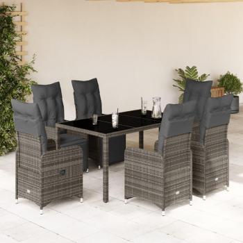 7-Piece Grey Poly Rattan Garden Bistro Set with Cushions