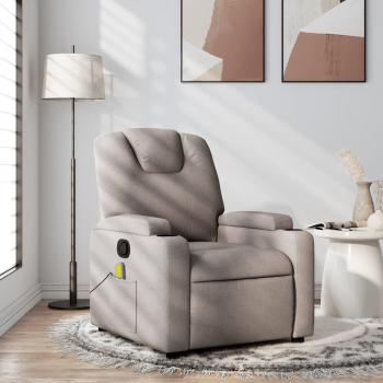 Sillón de masaje reclinable de tela gris taupé con múltiples posiciones, tapizado en tela suave, diseño ergonómico, reposabrazos acolchados, función de masaje y calefacción, disponible en varios colores como gris claro