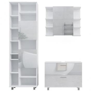 Conjunto de muebles de baño Ilias, Blanco alto brillo, 3 piezas, con armario alto