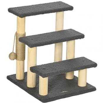 Escalera para Gatos de 3 Escalones con Sisal y Pelota de Juego, 48 cm, Madera de Pino, Gris y Natural