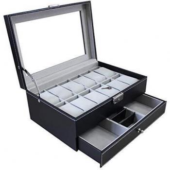 Caja de Joyas y Relojes, Expositor para 12 Relojes, con Cajón para Joyas y Cristal de Exhibición, Gris, Dimensiones: 30 x 20 x 14 cm