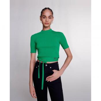 Maje Green Rib Knit Crop Top with Waist Ties - Size Small