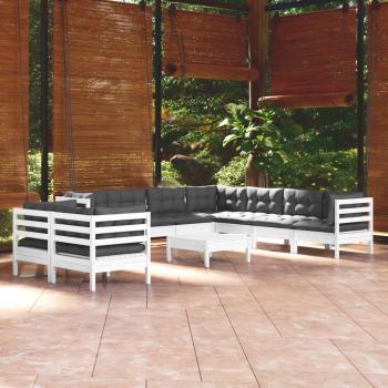 Set de Sofás de Jardín 10 Piezas con Almohadas Blancas de Madera Maciza de Pino