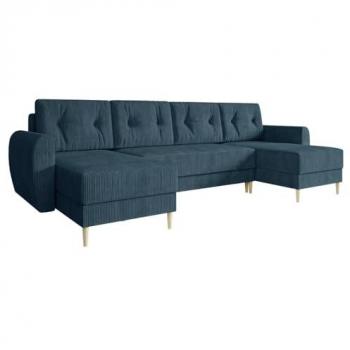 Sofá rinconero Memphis 140, azul, función de descanso, caja de ropa de cama, 307x139x95cm