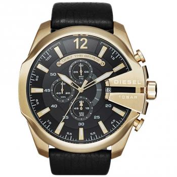 Diesel Mega Chief Chronograph Watch DZ4344 - Black/Gold Metal, 51 mm Gold Stainless Steel Case, Leather Strap, Analogue Quartz Movement