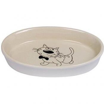 Comedero Ovalado de Cerámica para Gatos Nobby, Color Crema/Beige, 0.12 L, 17 x 11 x 2.5 cm