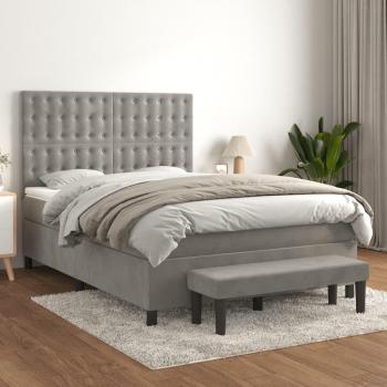 Cama box spring blanda con colchón de terciopelo gris claro 140x190 cm