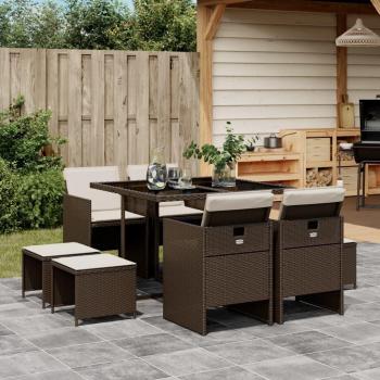 9-Piece Brown Poly Rattan Garden Dining Set with Cushions