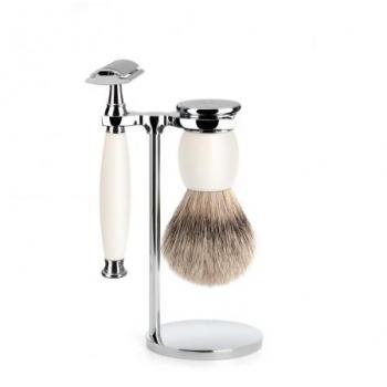 Set de Afeitado Mühle con Brocha de Tejón Punta Plata, Maquinilla Clásica y Soporte en Porcelana