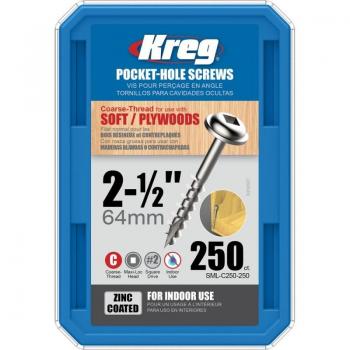 Kreg 64mm Coarse Thread Square Pocket Hole Screws - Zinc-Plated, 250 Pack