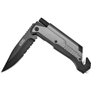 CampBuddy 5 en 1 Navaja Tactica - Cuchillo de Supervivencia Extra Afilado con Hoja de Acero Inoxidable de 8,5 cm - Cuchillo Plegable con luz LED, Acero al Fuego, Rompevidrios y Cortador de Cinta - Navaja Multiusos con Bolsa de Cinturón