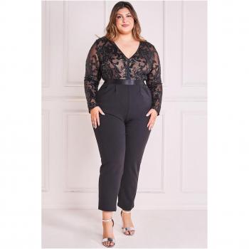 Goddiva Plus Sequin Mesh Jumpsuit - Black