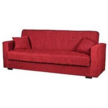Sofá cama 3 plazas Nora en tela roja con apertura click-clack y contenedor, 212x80x87 cm