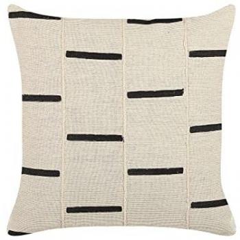 Cojín Decorativo de Algodón Beige y Negro 45 x 45 cm Patrón Geométrico a Rayas Hecho a Mano con Funda Desmontable y Relleno Abies