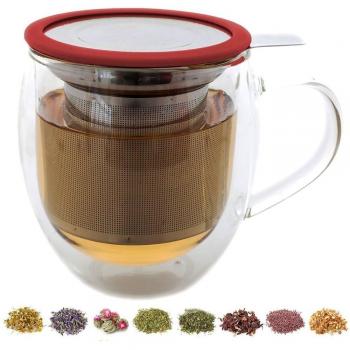 Taza de té de cristal doble con infusor de Teabloom & tapa +2 flores de té gourment - taza de té de 15 oz - la tapa sirve también de posavasos - Disponible en 4 colores