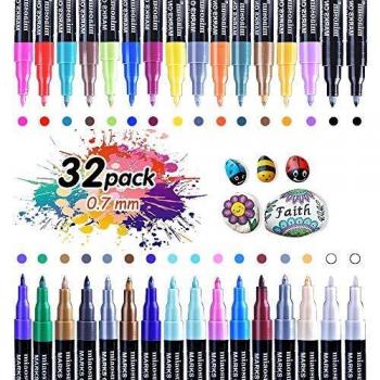 Rotuladores de pintura acrílica, 32 colores, marcadores permanentes de 0,7 mm, con base de agua, para piedra, metal, papel, vidrio, madera, plástico, porcelana, cerámica, etc.