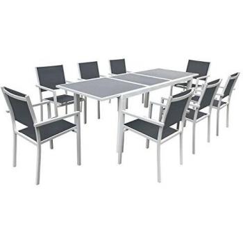 Conjunto de Jardín Extensible Firenze 8 Plazas en Textileno Gris y Aluminio Blanco