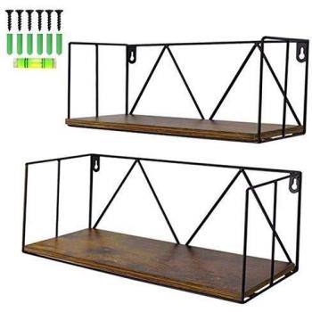 Amazon Brand - Umi Estanteria de Pared de Madera, Estante Flotante Rustico con Metal, Organizador Colgante para Dormitorio, Cocina, Salon y Baño, Set de 2