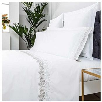 Juego de sábanas bordadas ZUYANA de algodón 100% percal 200 hilos blanco para cama de 150 x 190/200 cm