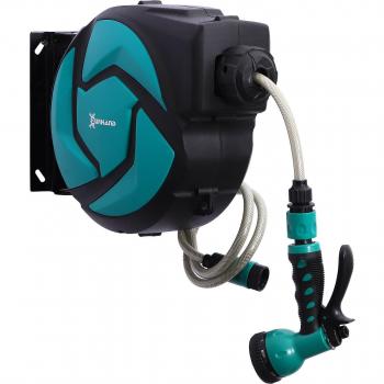 DURHAND Carrete para Manguera Retráctil Automático 180º 7 Modos de Riego 10m Negro/Turquesa con Sistema de Bloqueo y Conector de 1m, Dimensiones A