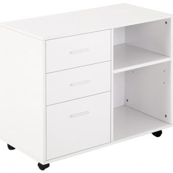 HOMCOM Mueble Auxiliar para Oficina con Espacio para Impresora, 3 Cajones, Estante Ajustable, Ruedas y Gran Capacidad de Almacenaje, 80x40x65 cm