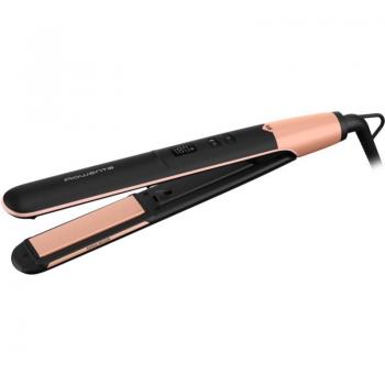 Plancha de pelo Rowenta SF4620F0 Express Shine, Revestimiento Papaya, Placas cerámica, 8 temperaturas, Hasta 210 °C, Liss & Curl, Negro y albaricoque
