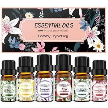 Homasy 6 x 10 ml Aceites Esenciales, Aceites Esenciales Florales 100% Puros con Lavanda, Rosa, té Blanco, Flor de Cerezo, Manzanilla, Gardenia para Difusor, Humidificador, Cuidado de la Piel