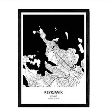 Póster Mapa de Reikiavik - Islandia, Lámina de Ciudad del Norte de Europa con Mares y Ríos en Color Negro, Tamaño A4