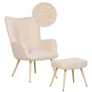 Sillón Orejero Moderno de Bouclé Beige con Reposapiés Vejle II