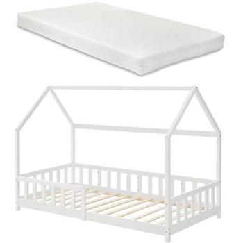 Cama Infantil Hesel en Forma de Casa con Barandilla y Colchón 90x200 cm - Blanco