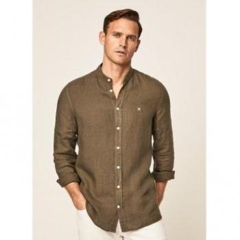 Hackett London para hombre. Camisa de Lino Fit Slim Verde Oscuro con Manga Larga